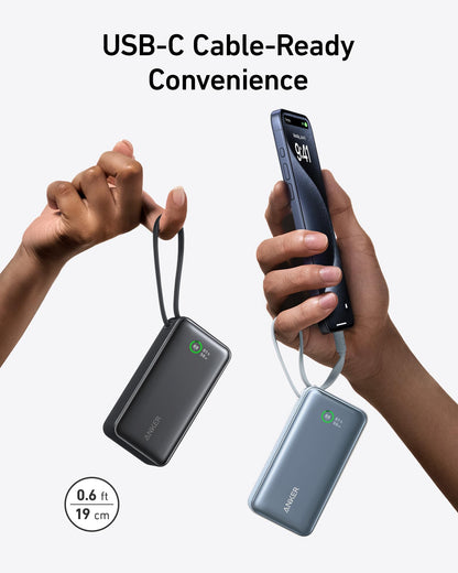 Anker Nano Power Bank, 10,000mAh Portable Charger with Built-in USB-C Cable, 30W Recharging, 30W Max Output with USB-C&A, for iPhone 17/16/15 Series, MacBook, Galaxy, AirPods, and More