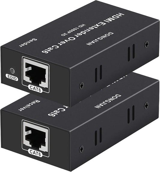 HDMI Extender Over Cat5e/6/7 Ethernet 1080p Up to 196ft HDMI Balun Sender Transmitter Receiver Support EDID and POC Function 3D HDCP