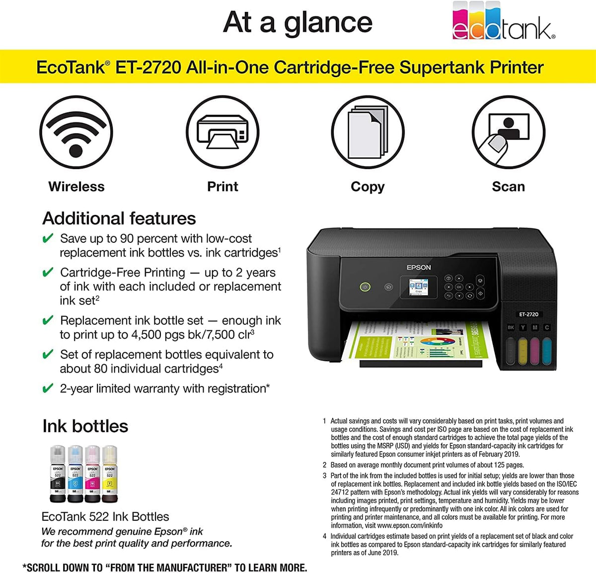 Epson EcoTank All-in-One Wireless Color Inkjet Printer with Scanner and Copier - Print Scan Copy - Black-Bundle with Ahaghug Printer Cable。