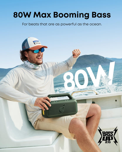 Soundcore Boom 2 By Anker, Outdoor Speaker, 80W, Subwoofer, BassUp 2.0, 24H Playtime, IPX7 Waterproof, Floatable, RGB Lights, USB-C, Custom EQ, Portable for Camping and Beach - Black