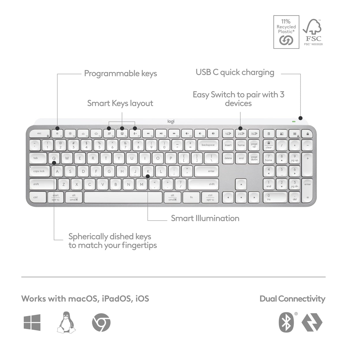 Logitech MX Keys Mini Minimalist Wireless Illuminated Keyboard, Compact, Bluetooth, Backlit, USB-C, Compatible with Apple macOS, iOS, Windows, Linux, Android, Metal Build - Graphite