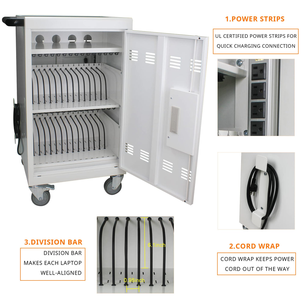 35 Device Mobile Charging Cart, Chromebooks and Laptop Computers, Locking Charging Station with Lock & Key for The Front Back Door, Surge Protection