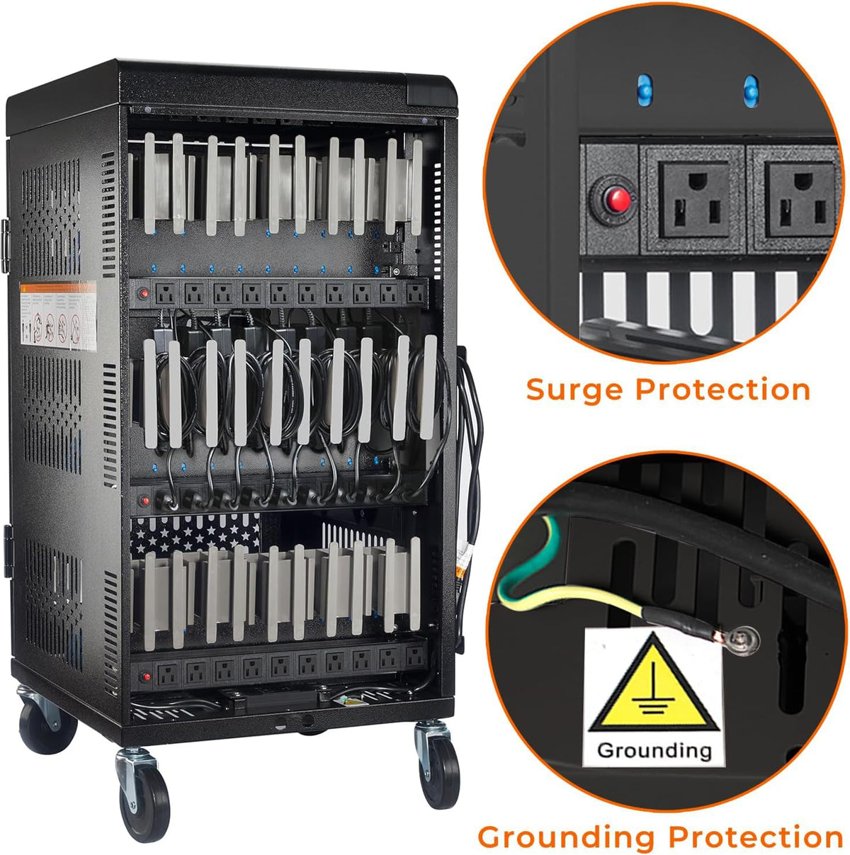Fully Assembled 30 Bay Mobile Charging and Storage Cart for iPad, Chromebook and Laptop Computer with Keypad Lock,Up to 14-inch Screen Size,Surge Protection,Front & Back Access Locking Cabinet (Black)