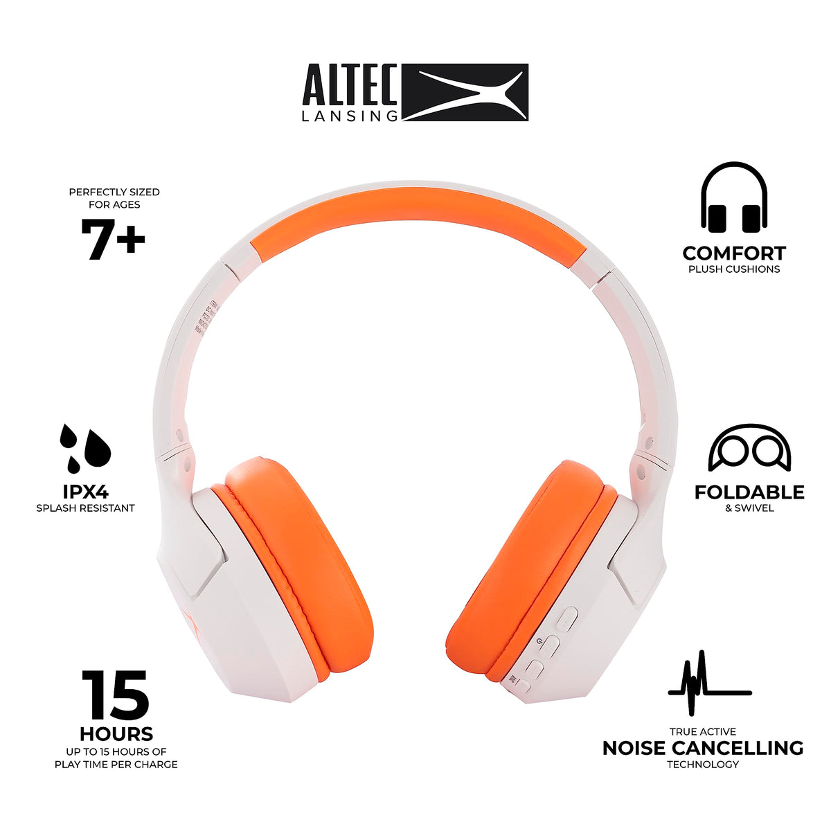 Altec Lansing Kid Safe Noise Cancelling Wireless Headphones 15H Battery, 85dB Volume Limit, Foldable Design Powerful Sound, Active Noise Cancellation Perfect for Kids Ages 7+ (Whiteout Pop Pink)