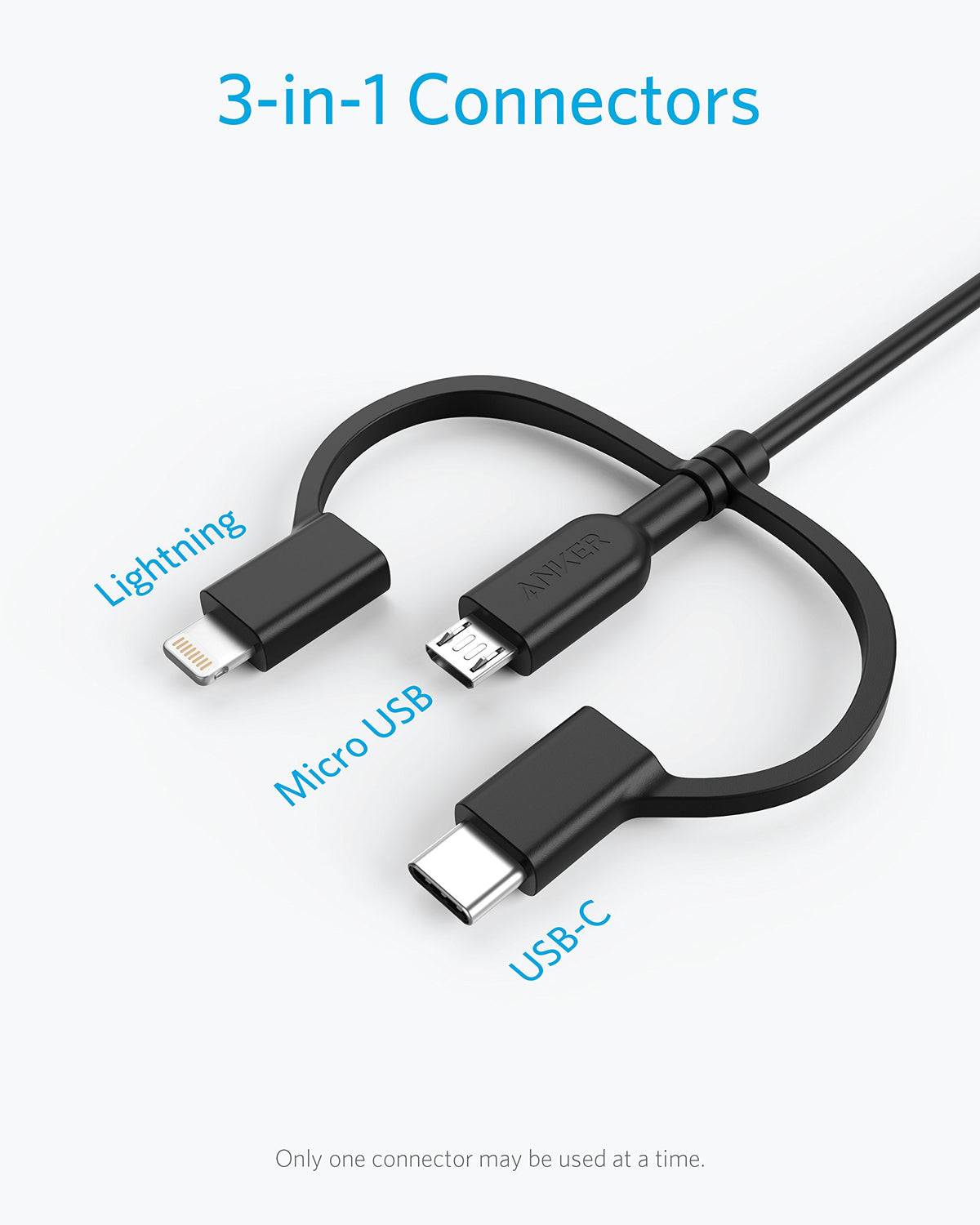 Anker Powerline II 3-in-1 Cable, Lightning/Type C/Micro USB Cable for iPhone, iPad, Huawei, HTC, LG, Samsung Galaxy, Sony Xperia, Android Smartphones, and More(3ft, White)