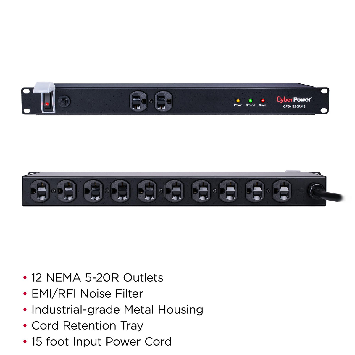 CyberPower CPS1215RMS Surge Protector, 120V/15A, 12 Outlets, 15 ft Power Cord, 1U Rackmount