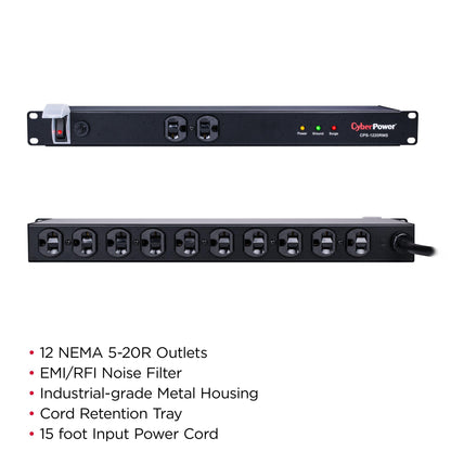 CyberPower CPS1215RMS Surge Protector, 120V/15A, 12 Outlets, 15 ft Power Cord, 1U Rackmount