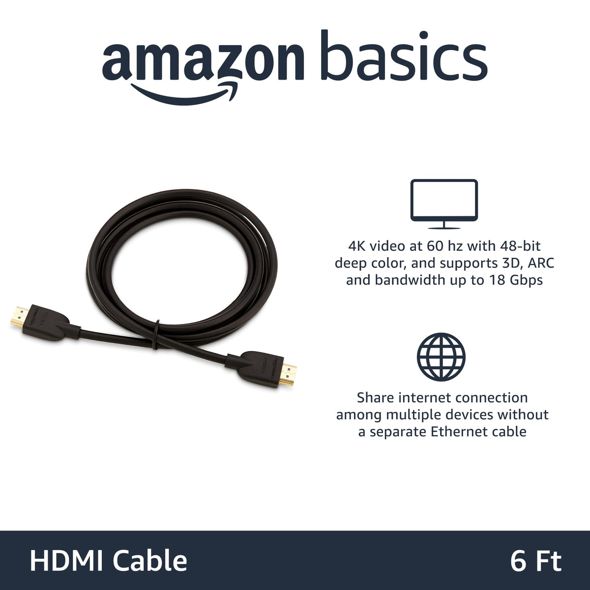 Amazon Basics HDMI Cable, 6ft, 4K@60Hz, High-Speed 4K HDMI 2.0 Cord with Ethernet, 18Gbps, 2160p, 48 bit, Compatible with TV/PS5/Xbox/Roku/Blu-ray, Black