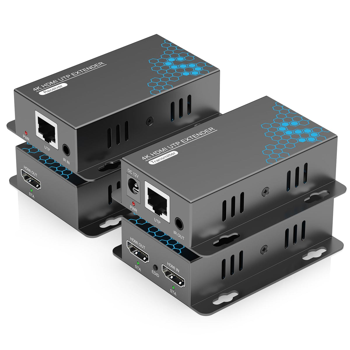 4K HDMI Extender Over Ethernet CAT5 CAT6 CAT7 Upto 230FT, with IR, Loop Out, POC, EDID, 4K@30Hz 1080P@60Hz Full HD Signal Distribution HDMI Transmitter Receiver with Holes, Easy Installation