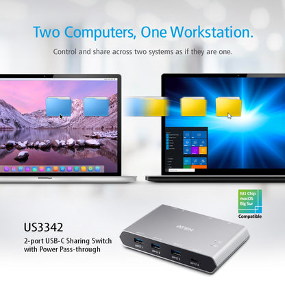 ATEN 2-Port USB-C Gen 2 Sharing Switch with Power Pass-Through | UK Version US3342
