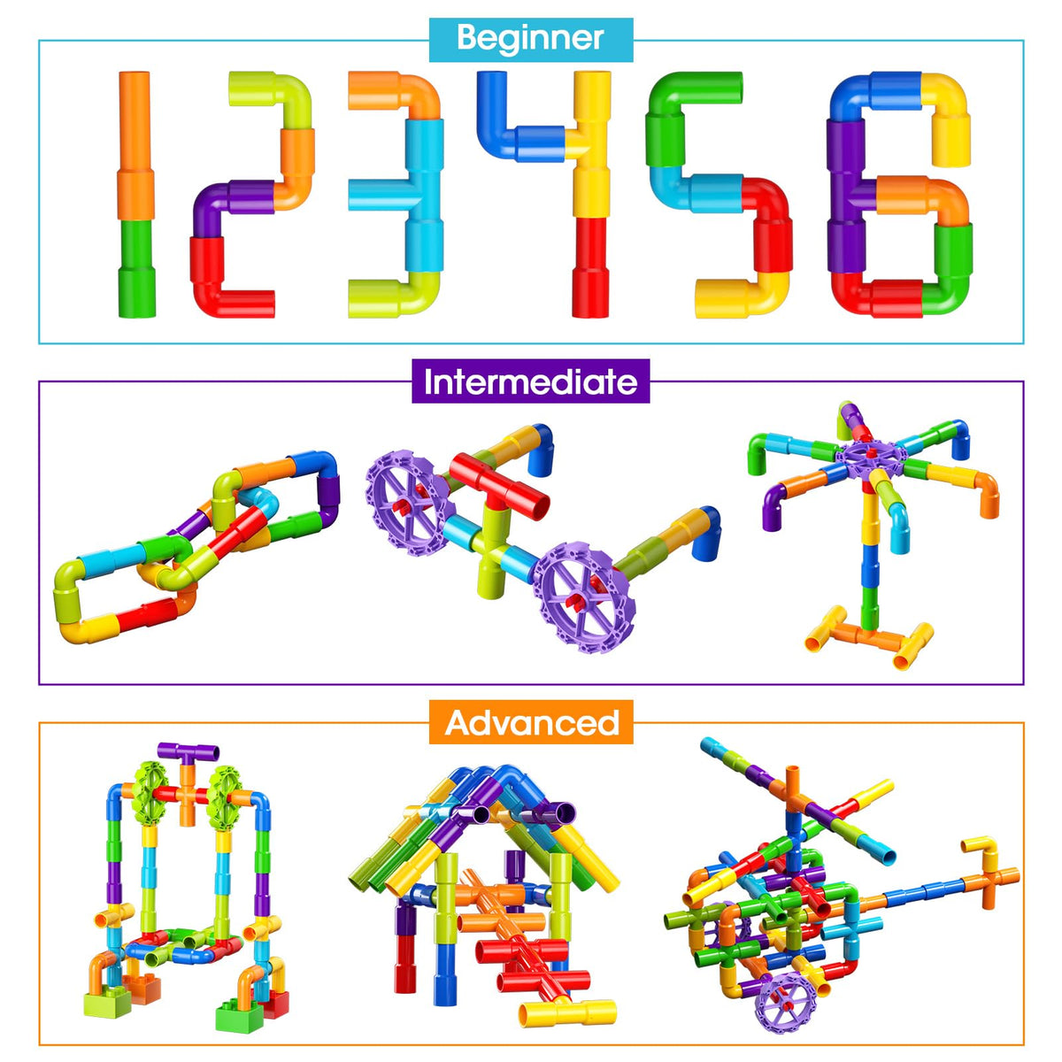 burgkidz STEM Learning Pipe Tube Construction Building Blocks, Sensory Toys with Wheels Baseplate for All Ages Kids Boys Girls, 188 Pcs