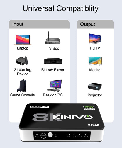 Kinivo HDMI Switch 5 in 1 Out 4K 60Hz (HDR 10, High Speed 18Gbps, IR Remote, HDCP2.2, Dolby Vision, VRR) - 550BN Switcher Compatible with Roku, PS5, Xbox, Apple TV, Nintendo Switch 2, Cable Box