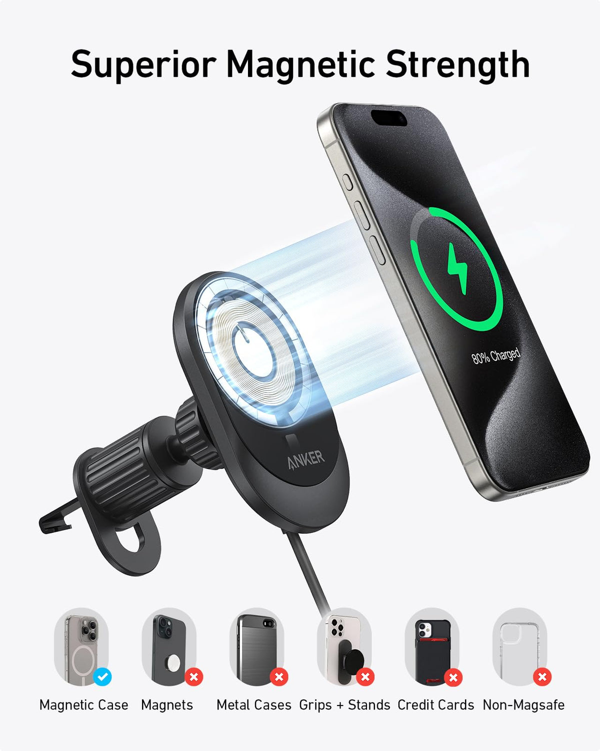 Anker Prime MagSafe Car Mount Charger, Qi2 25W Certified Wireless Car Charger with AirCool, Strong Magnets, Air Vent Mount for iPhone 17-12 Series (Check Vent Compatibility, 60W Adapter Included)