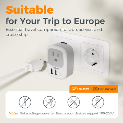 2 Pack European Travel Plug Adapter, TESSAN US to Europe Plug Adapter with 3 USB Ports (1 USB C), Type C Power Outlet for EU International Italy Iceland Spain France Germany