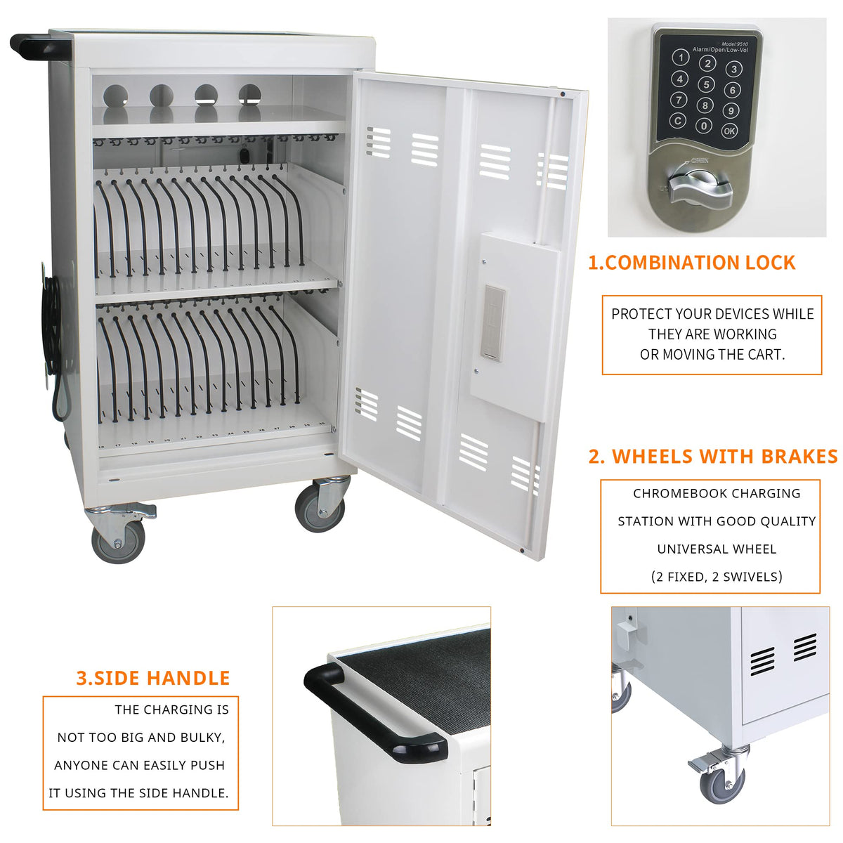 35 Device Mobile Charging Cart, Chromebooks and Laptop Computers, Locking Charging Station with Lock & Key for The Front Back Door, Surge Protection
