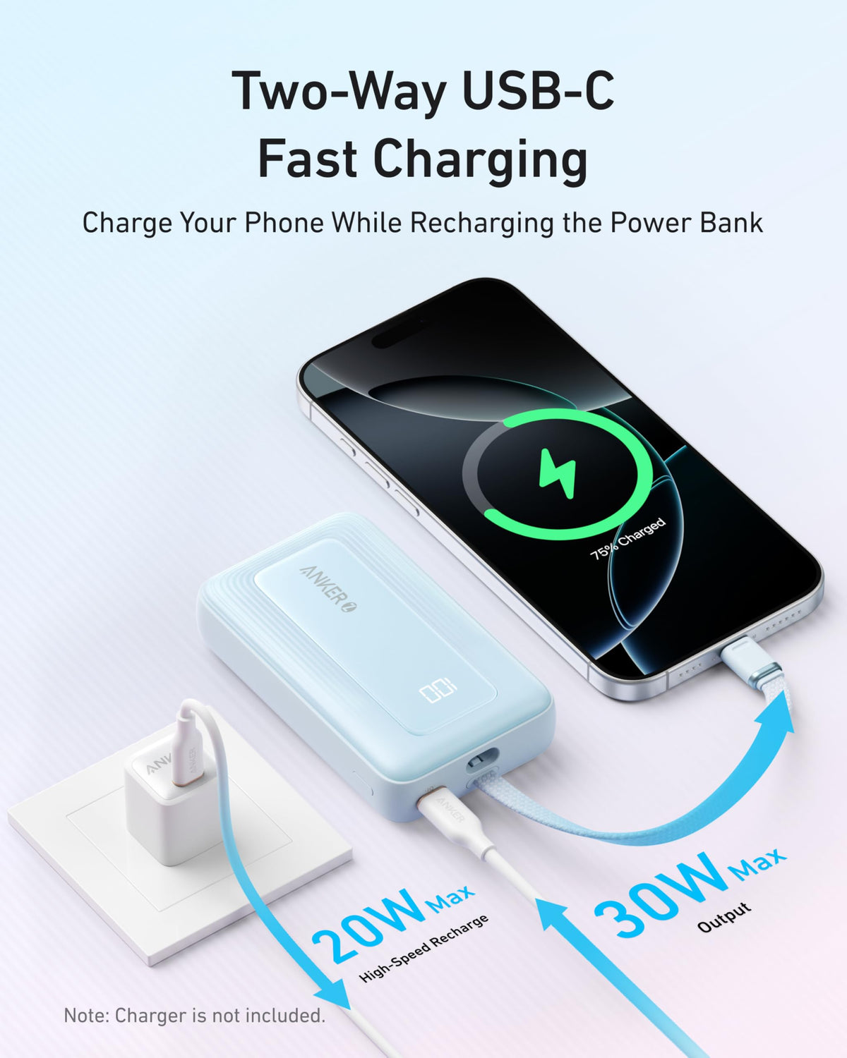 Anker Zolo Power Bank (2025 Upgraded Version), 20,000mAh 30W High-Speed Portable Charger with Built-in USB-C Cable, Battery Pack for iPhone 17/16 / 15 Series, Galaxy, and More