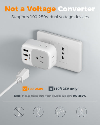 2 Pack European Plug Adapter USB C, TESSAN US to Europe Adapter 4 Outlets 3 USB Charger, Type C International Power Adaptor to Italy Spain France Portugal Iceland Germany, Europe Travel Essentials