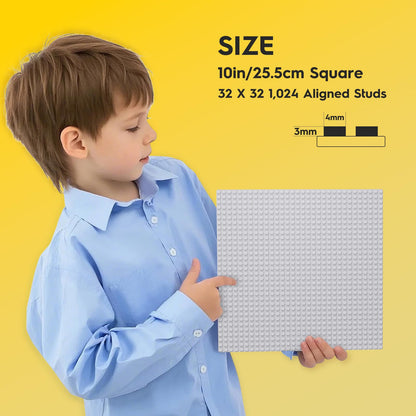 Pokiiulk Classic Gray Baseplates, 32x32 Studs Square Base Plates for Play or Display Bricks Creations, Compatible with Classic Legos, 10" x 10", Pack of 2, Perfect for City Streets, Castle, Mountains