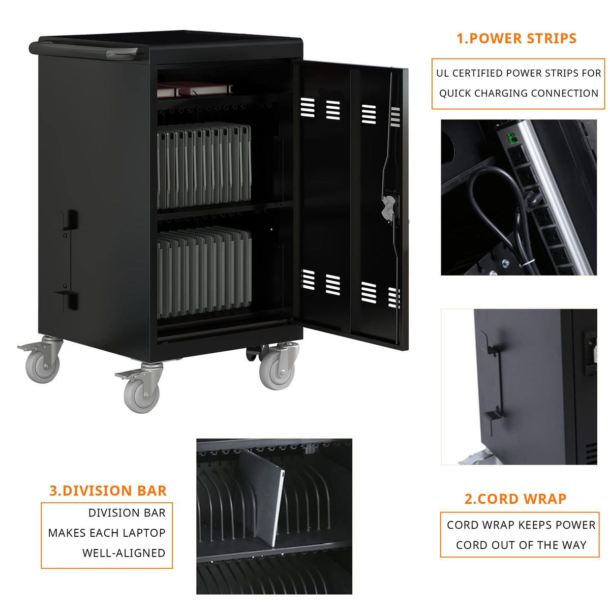 35 Device Mobile Charging Cart, Chromebooks and Laptop Computers, Locking Charging Station with Lock & Key for The Front Back Door, Surge Protection