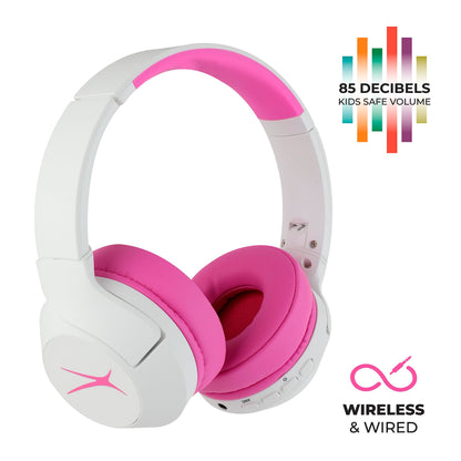 Altec Lansing Kid Safe Noise Cancelling Wireless Headphones 15H Battery, 85dB Volume Limit, Foldable Design Powerful Sound, Active Noise Cancellation Perfect for Kids Ages 7+ (Whiteout Pop Pink)