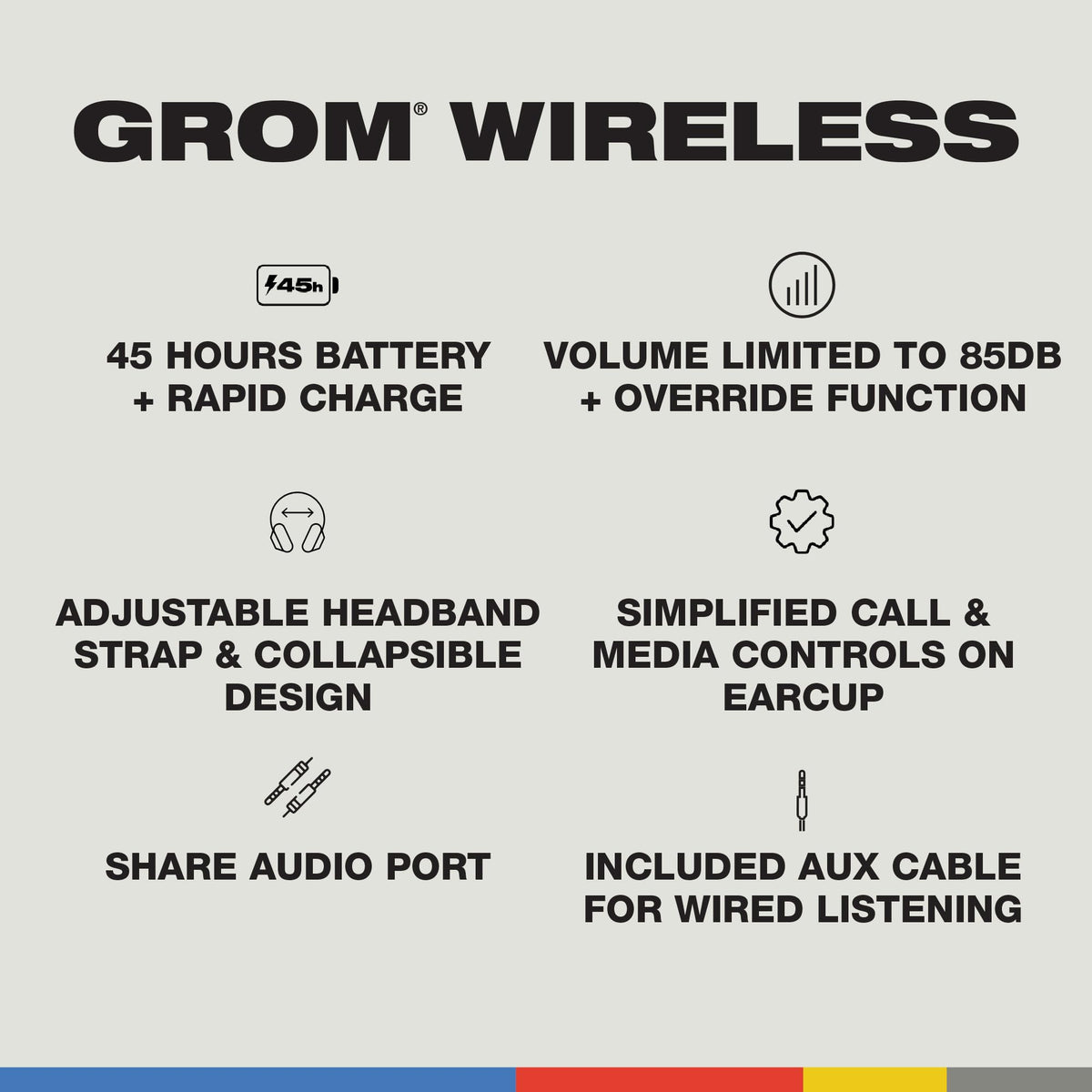 Skullcandy Grom Wireless Headphones, Volume-Limiting Audio, Comfortable Over-Ear Fit, Designed for Kids 6+, Up to 45 Hours Battery, Backup 3.5mm AUX Cable Included with Built-in Microphone - Black