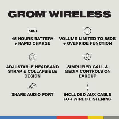 Skullcandy Grom Wireless Headphones, Volume-Limiting Audio, Comfortable Over-Ear Fit, Designed for Kids 6+, Up to 45 Hours Battery, Backup 3.5mm AUX Cable Included with Built-in Microphone - Black