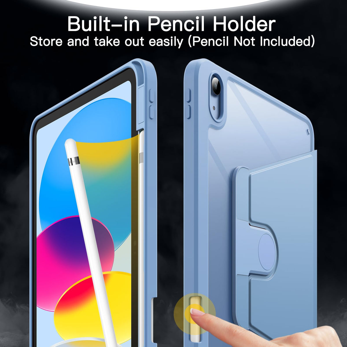JETech Rotating Case for iPad (A16) 11th/10th Generation (2025/2022) with Pencil Holder, 360 Degree Rotation Protective Stand Cover Clear Back, Auto Wake/Sleep (Navy)