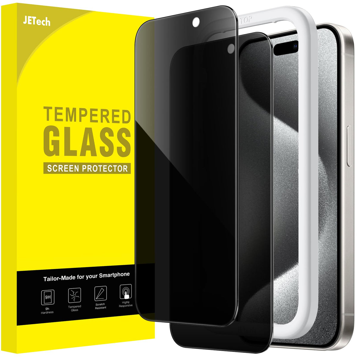 JETech Privacy Screen Protector for iPhone 15 6.1-Inch, Anti-Spy Tempered Glass Film with Easy Installation Tool, 2-Pack