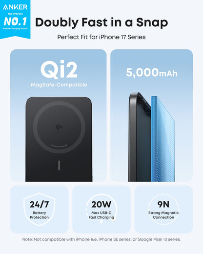 Anker Nano MagSafe Power Bank, Ultra-Slim 5,000mAh Magnetic Wireless Charging Battery, Qi2 Certified 15W Max MagSafe-Compatible Portable Charger, Ergonomic Design, for iPhone Air/17/16 Series