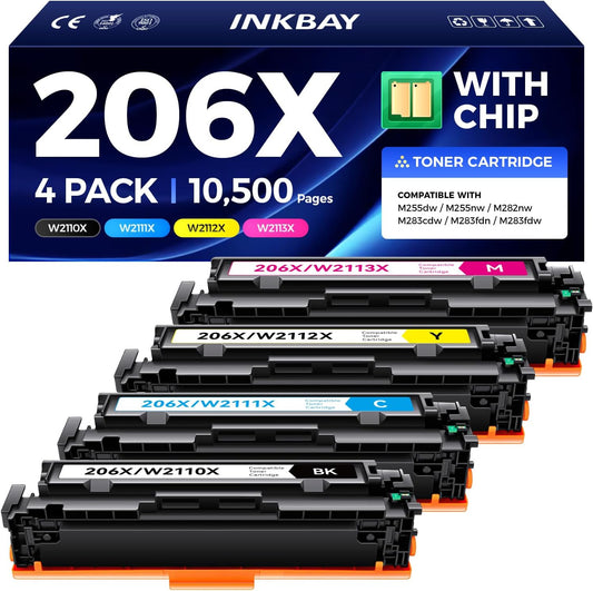 206X Toner Cartridge Set 4-Pack High Yield Replacement for HP 206X 206A Toner Compatible with HP Color LaserJet Pro MFP M283cdw M283fdn M283fdw M282nw M255dw M255nw Printer (Black Cyan Magenta Yellow)