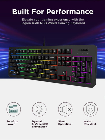 Lenovo GY40T26478 Legion K500 RGB Mechanical Gaming Keyboard, 3 ZONE Full-size Keyboard, 7 user Programmable Hot Keys; 16.8 Million Colors, 50 Million-Click Red Mechanical Keys, Detachable Palm Rest