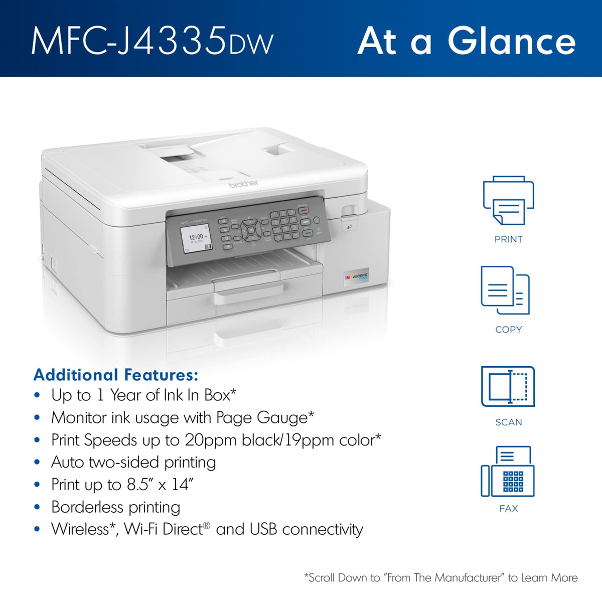 Brother INKvestment 4355 Wireless Color Inkjet All-in-One Printer with 1.8” Color Display and Manual Feed Slot | Includes Refresh Subscription Trial(1) (MFC-J4355DW)