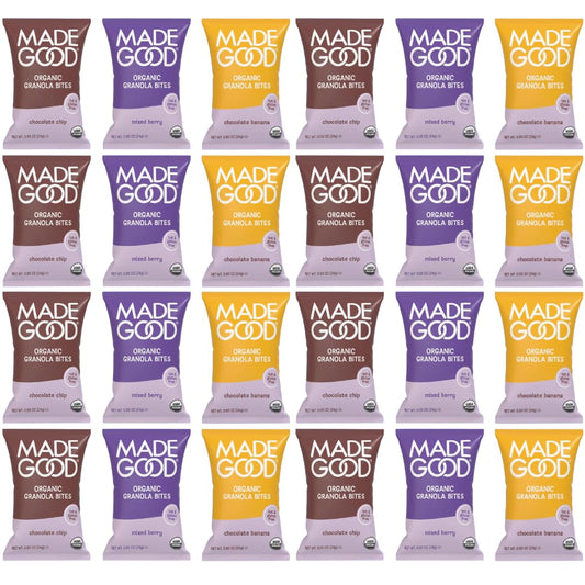 MadeGood Granola Minis Variety Pack – 24 Pack Snack Bags – Chocolate Chip, Strawberry & Chocolate Banana – Allergy Friendly, Gluten Free Mini Granola Bites