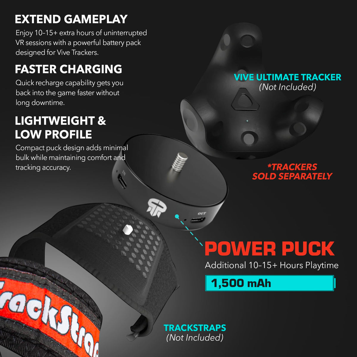 Rebuff Reality Trackstraps for Vive Tracker - Adjustable VR Full Body Tracking Straps, VR Chat Motion Capture, Compatible with Vive Tracker 3.0 2.0 Ultimate, Tundra, (Tracker Sold Separately) Black