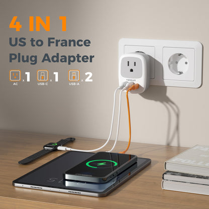 2 Pack European Travel Plug Adapter, TESSAN US to Europe Plug Adapter with 3 USB Ports (1 USB C), Type C Power Outlet for EU International Italy Iceland Spain France Germany