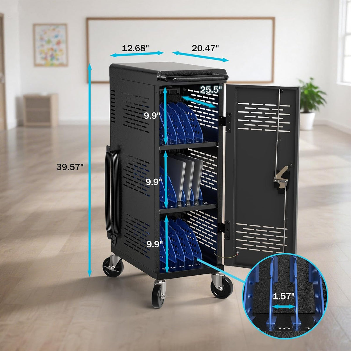 Fully Assembled 18-Device Charging Cart for Chromebook - Locking Laptop Cabinet with Cable Management, Cord Organization, Power Strip - Locks and Stores Tablets up to 14'' and 1.4'' Thick (Black)