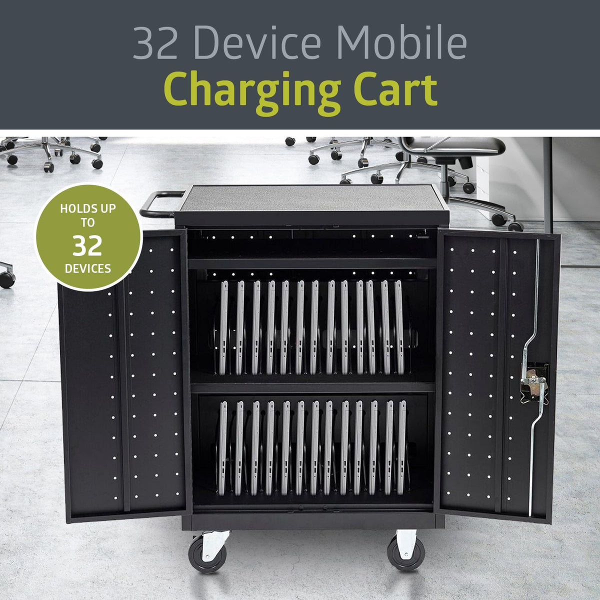 Pearington 32 Device Mobile Charging and Storage Cart for iPads, Chromebooks and Laptop Computers, Up to 13-inch Screen Size, Surge Protection, Front & Back Access Locking Cabinet