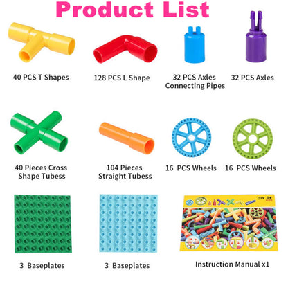 burgkidz STEM Learning Pipe Tube Construction Building Blocks, Sensory Toys with Wheels Baseplate for All Ages Kids Boys Girls, 188 Pcs