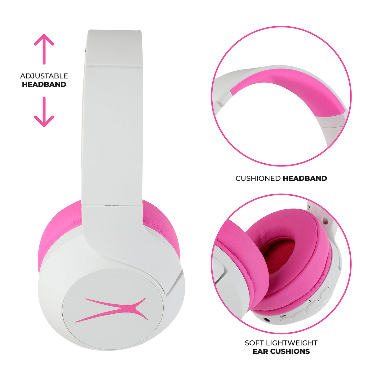 Altec Lansing Kid Safe Noise Cancelling Wireless Headphones 15H Battery, 85dB Volume Limit, Foldable Design Powerful Sound, Active Noise Cancellation Perfect for Kids Ages 7+ (Whiteout Pop Pink)