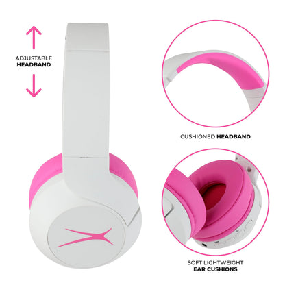 Altec Lansing Kid Safe Noise Cancelling Wireless Headphones 15H Battery, 85dB Volume Limit, Foldable Design Powerful Sound, Active Noise Cancellation Perfect for Kids Ages 7+ (Whiteout Pop Pink)