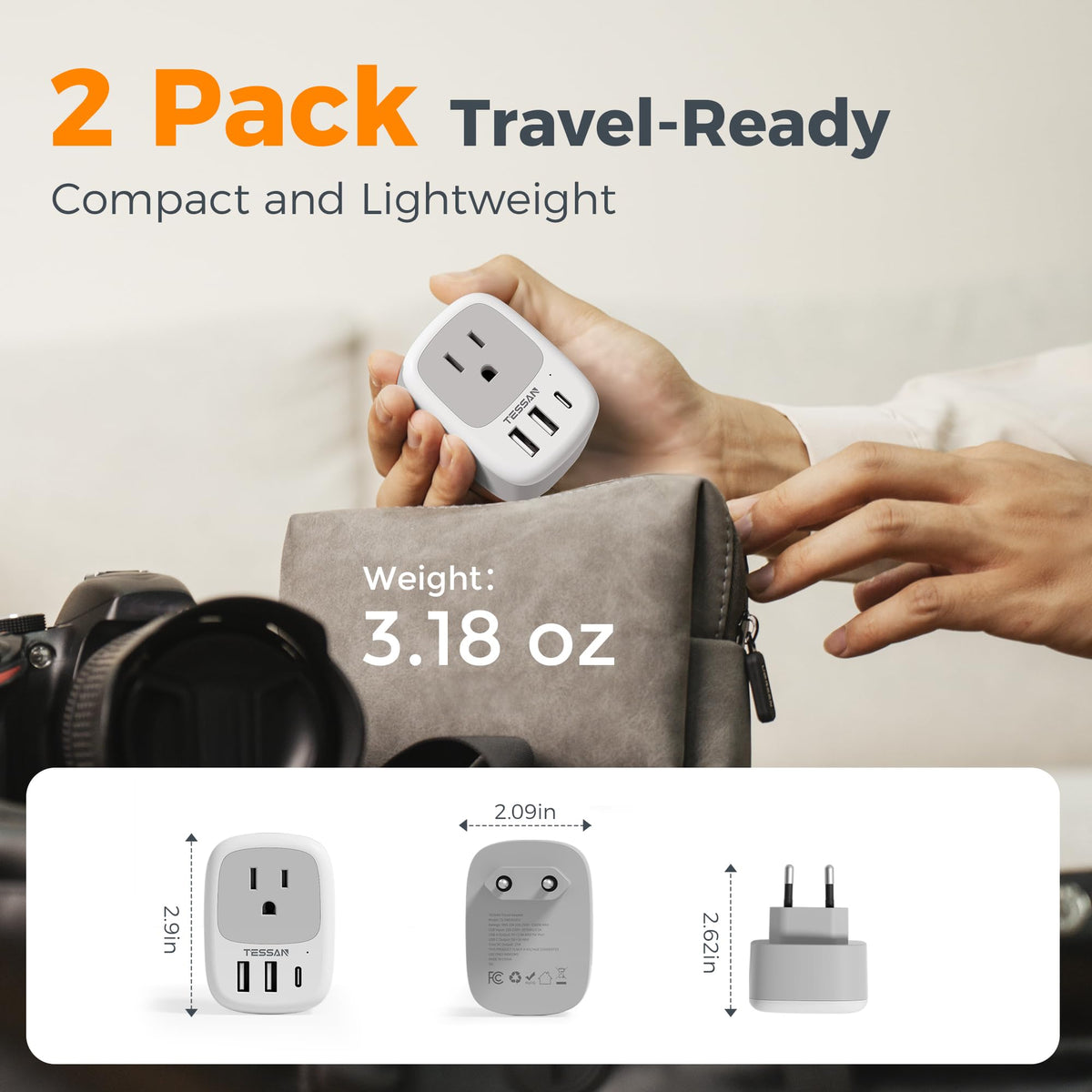 2 Pack European Travel Plug Adapter, TESSAN US to Europe Plug Adapter with 3 USB Ports (1 USB C), Type C Power Outlet for EU International Italy Iceland Spain France Germany