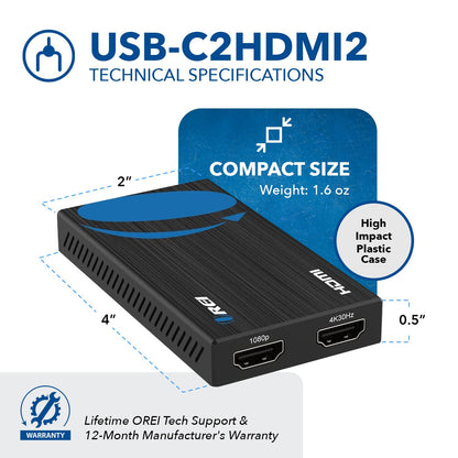 OREI SplitExtend HDMI Splitter Extended Display for Dual Monitor - Multi-Monitor Display 3 Separate Screens - USB A & USB-C Adapter to HDMI 2.0, 4K@30Hz Output 1, 1080p Output 2 for Windows, Mac OS G