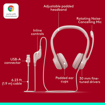 Logitech H390 Wired Headset for PC/Laptop, Stereo Headphones with Noise Cancelling Microphone, USB-A, in-Line Controls, Works with Chromebook - Black
