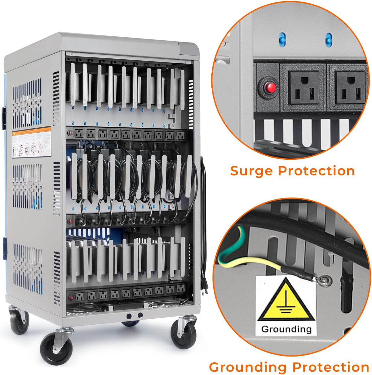 Fully Assembled 30 Bay Mobile Charging and Storage Cart for iPad, Chromebook and Laptop Computer with Keypad Lock,Up to 14-inch Screen Size,Surge Protection,Front & Back Access Locking Cabinet (Black)