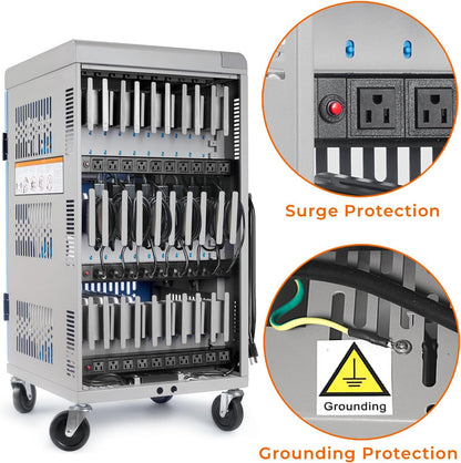 Fully Assembled 30 Bay Mobile Charging and Storage Cart for iPad, Chromebook and Laptop Computer with Keypad Lock,Up to 14-inch Screen Size,Surge Protection,Front & Back Access Locking Cabinet (Black)