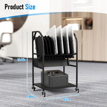 2 Tier Open Laptop Charging Cart with Wheels, 10 Device Mobile Charging Station for chromebook, iPads and Tablet, Laptop Charging Storage Rack for Office and Classroom