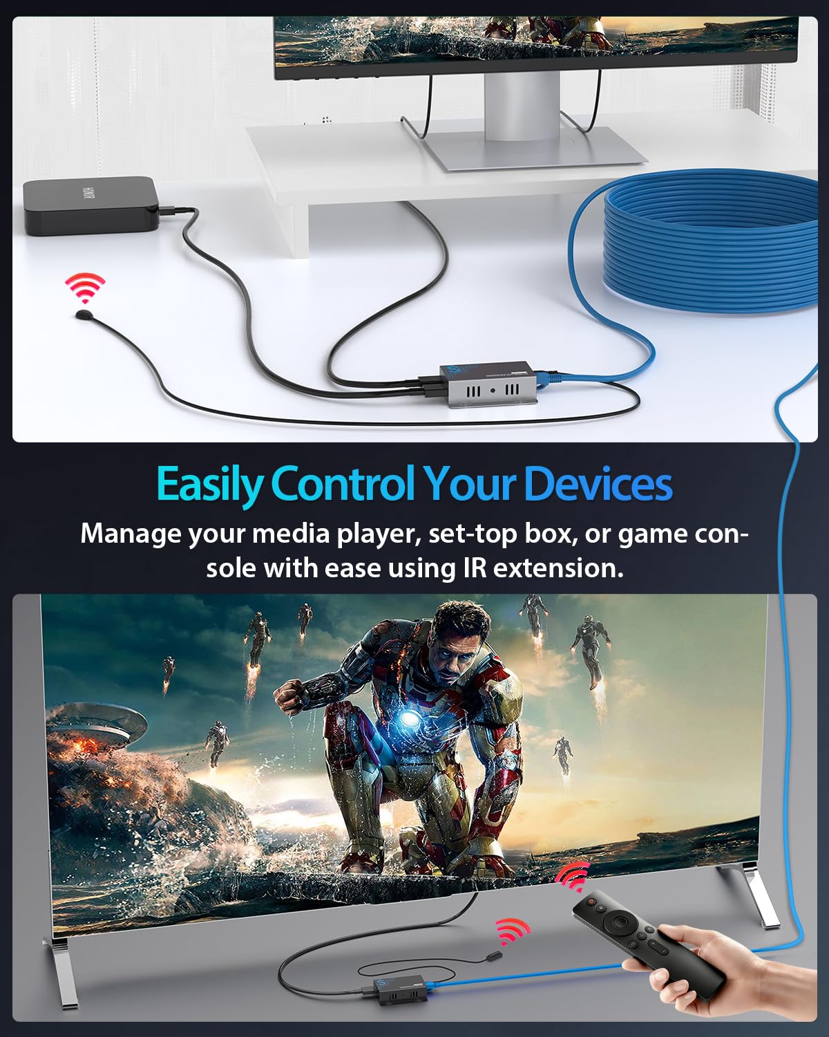 4K HDMI Extender Over Ethernet CAT5 CAT6 CAT7 Upto 230FT, with IR, Loop Out, POC, EDID, 4K@30Hz 1080P@60Hz Full HD Signal Distribution HDMI Transmitter Receiver with Holes, Easy Installation