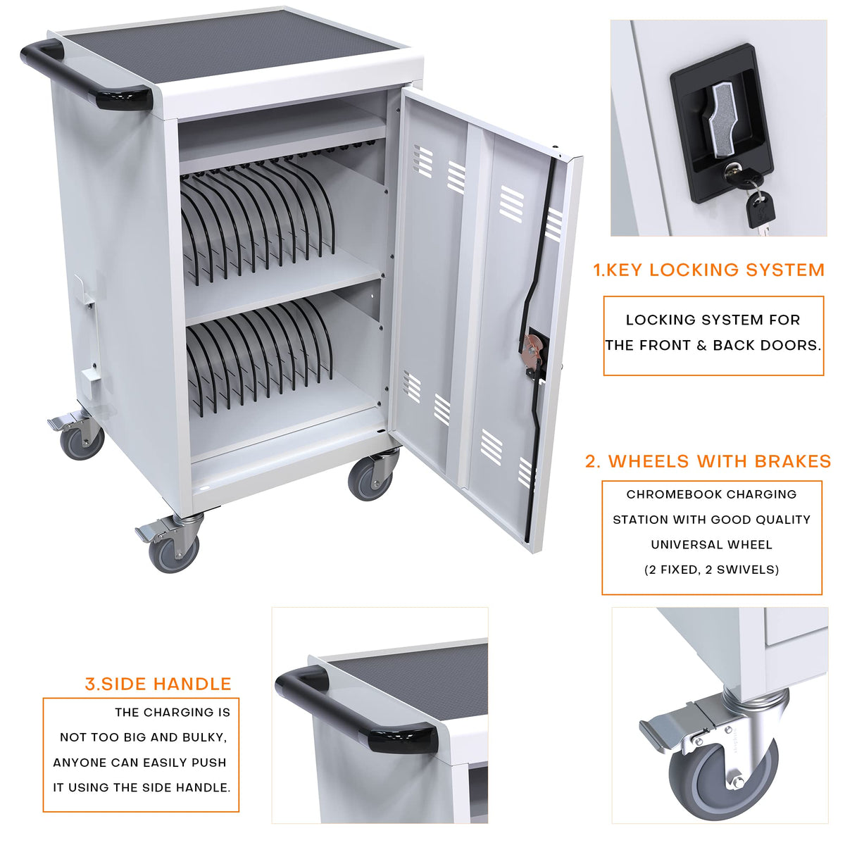 35 Device Mobile Charging Cart, Chromebooks and Laptop Computers, Locking Charging Station with Lock & Key for The Front Back Door, Surge Protection