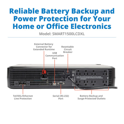Tripp Lite SMART1500LCD 1500VA Rack Mount UPS Battery Backup, 900W, 8 Outlets, PWM Sine Wave, Short Depth 2U Rackmount UPS, AVR, LCD Screen