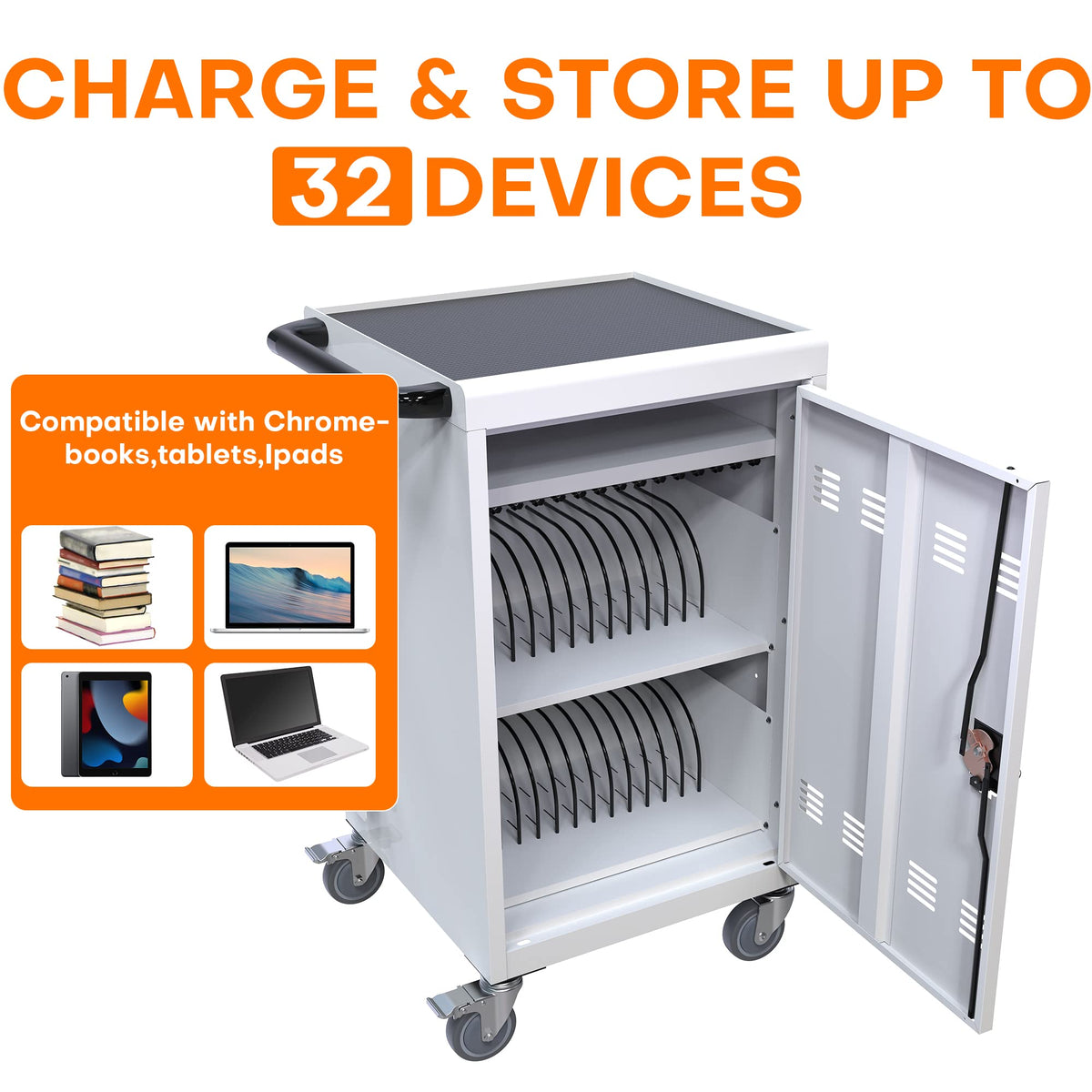 35 Device Mobile Charging Cart, Chromebooks and Laptop Computers, Locking Charging Station with Lock & Key for The Front Back Door, Surge Protection